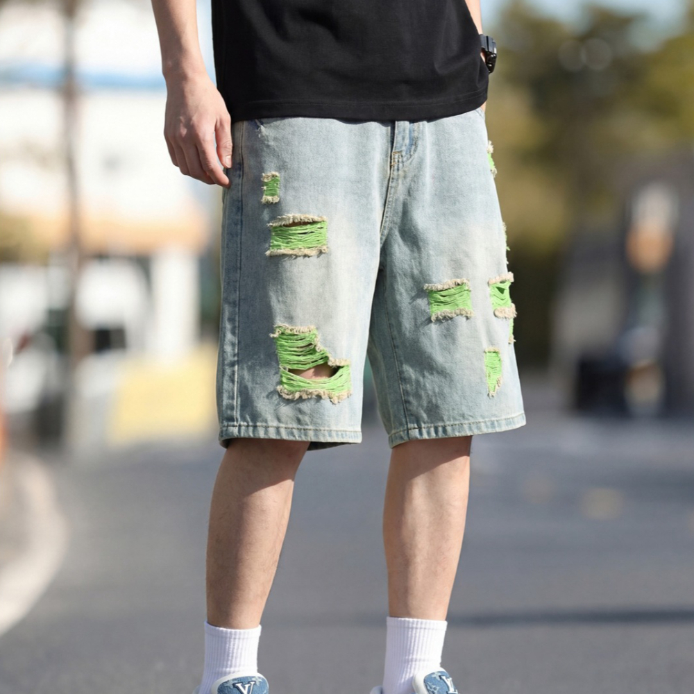Distressed Jean Rip - Men's Lined Ripped Denim Shorts Contrast