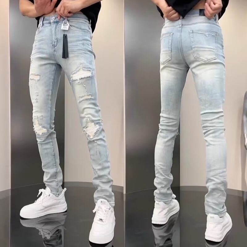 Distressed Jean Rip - Vintage Blue Slim Fit Stretch Jeans