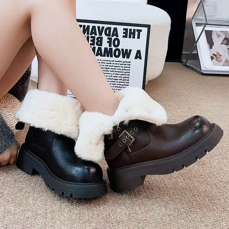 Street Fashion Dress - Fur Ankle Boots Women Flats Designer