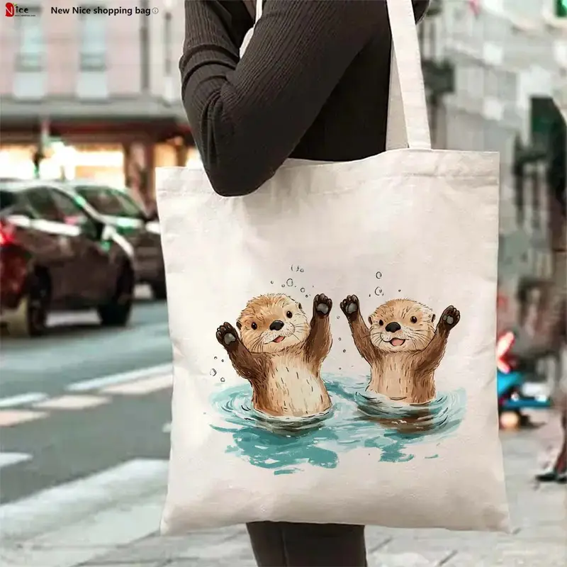 Tote Bag Canvas Print - Sweet Otter Holding Heart Shell Graphic