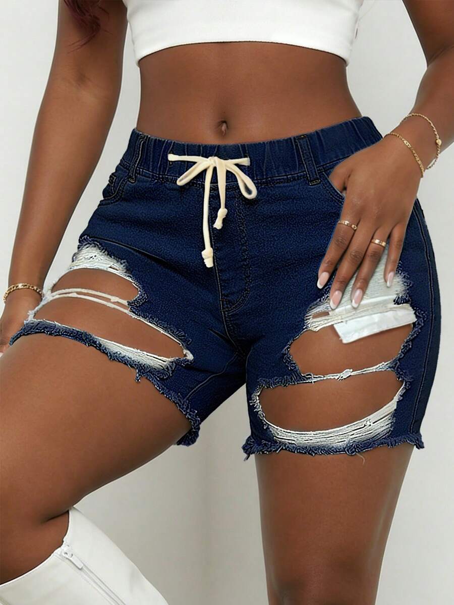 Women Mid Waist Ripped Stretch - Distressed Jean Rip 评论和价格