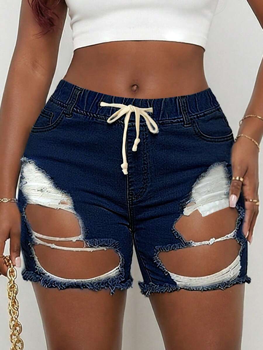 Women Mid Waist Ripped Stretch - Distressed Jean Rip 评论和价格