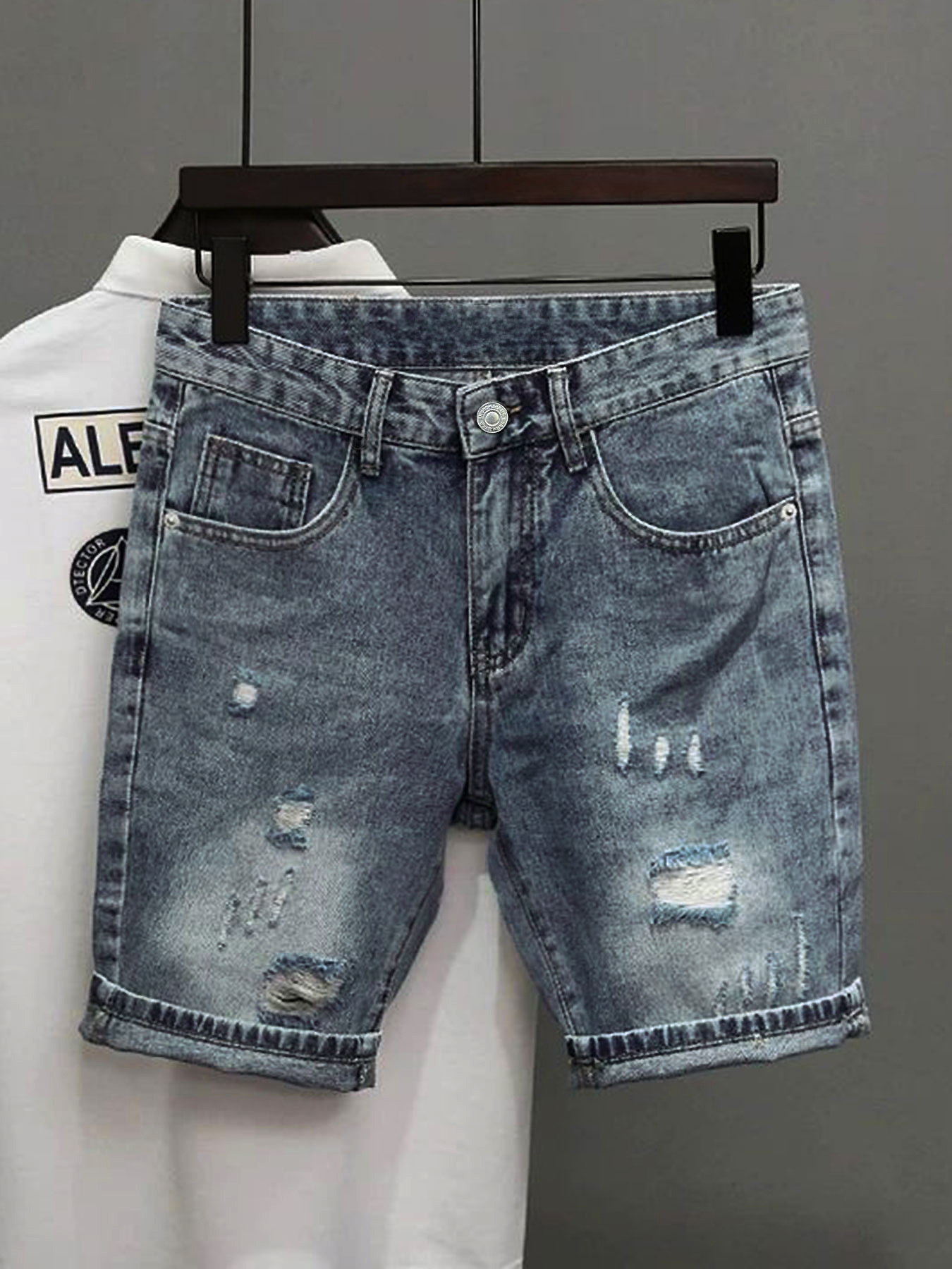 Light Blue Denim Shorts Men's  - Distressed Jean Rip 评论和价格