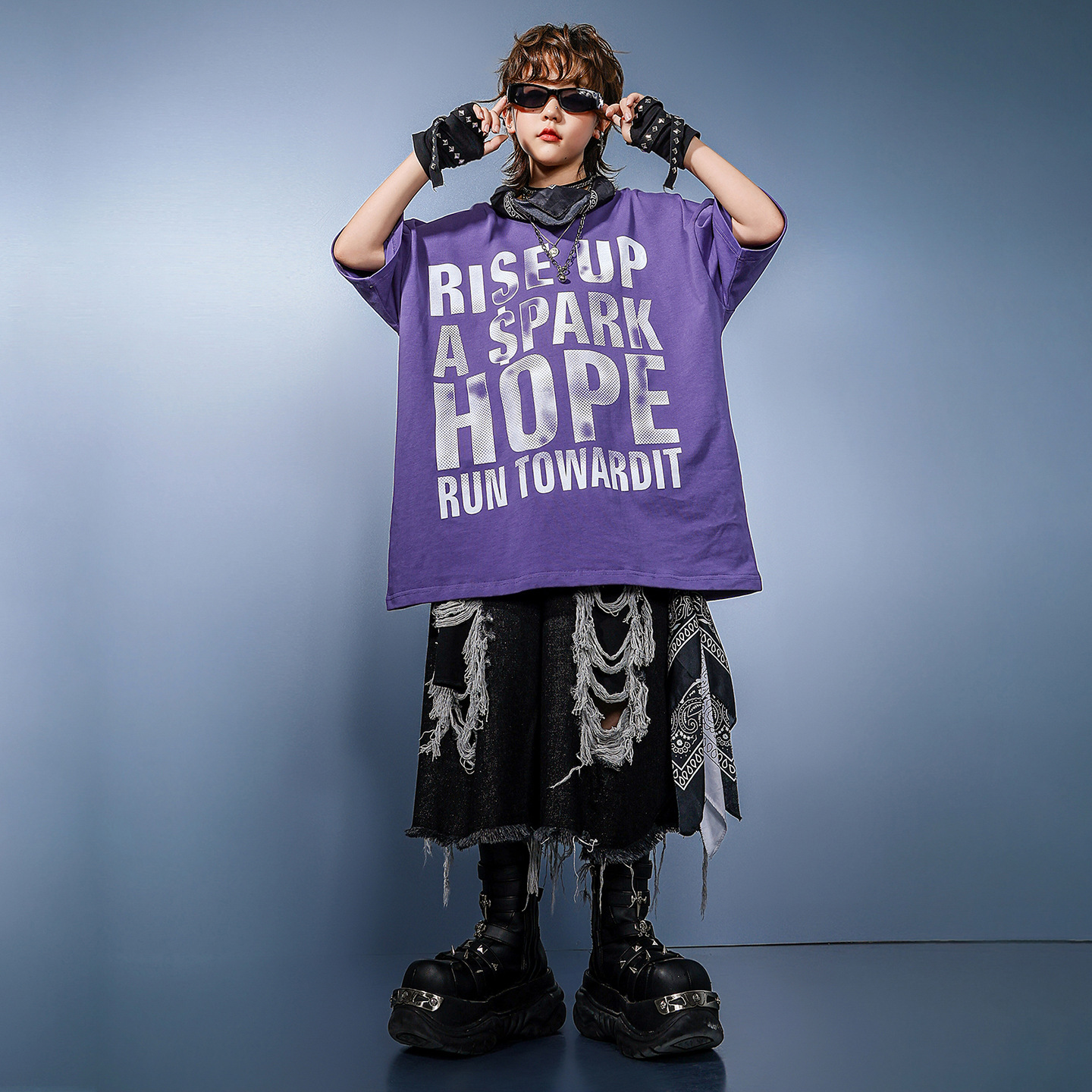 Kid Hip Hop Clothing Purple Le - Distressed Jean Rip 评论和价格
