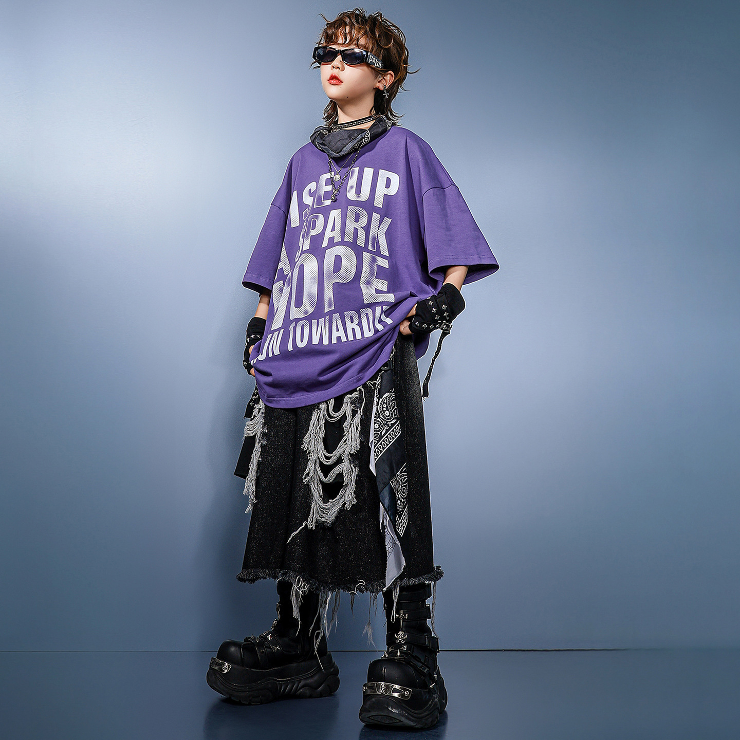 Kid Hip Hop Clothing Purple Le - Distressed Jean Rip 评论和价格